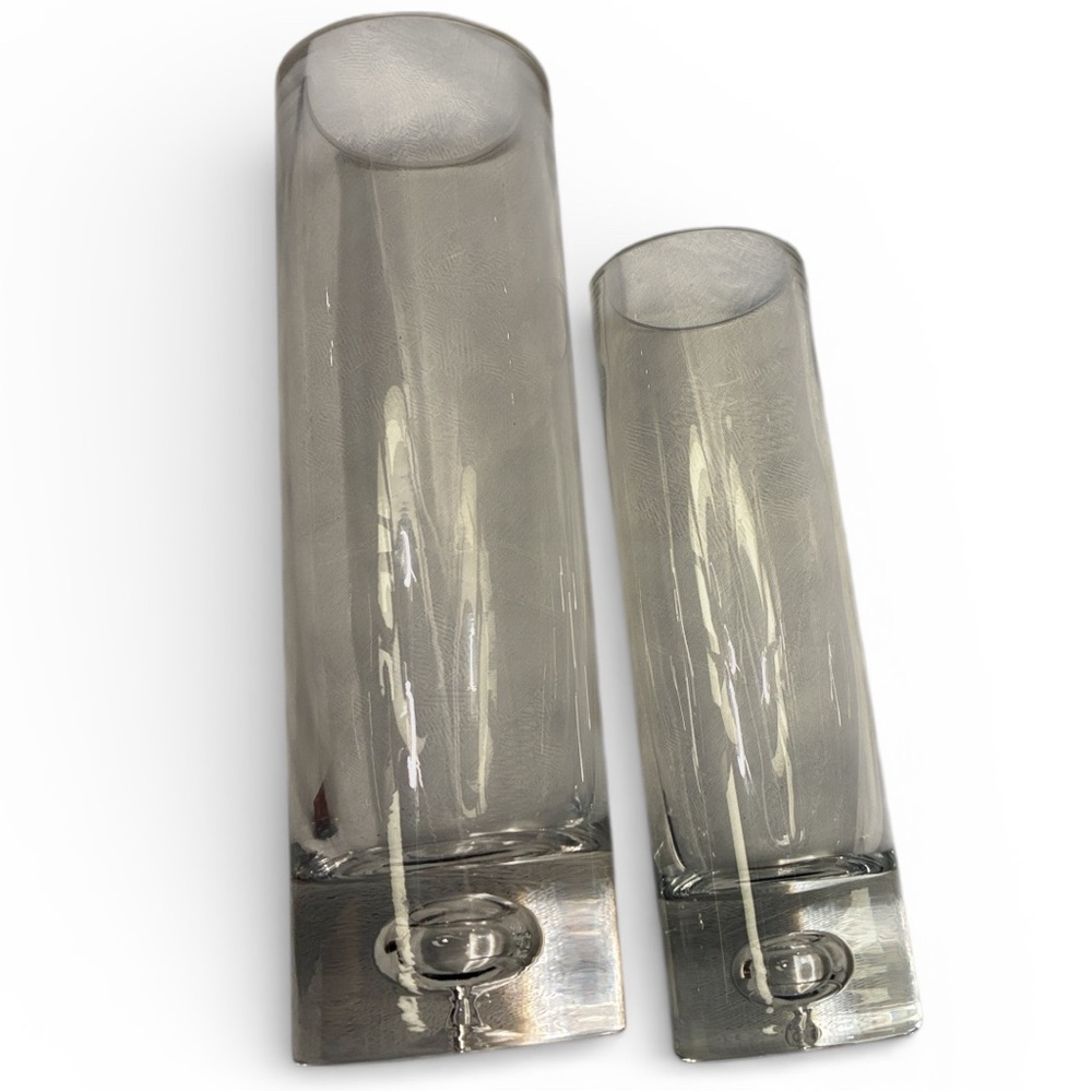HEAVY Glass Vases W/ Bubble Base Clear Cylindrical Simple Minimalist Set/2